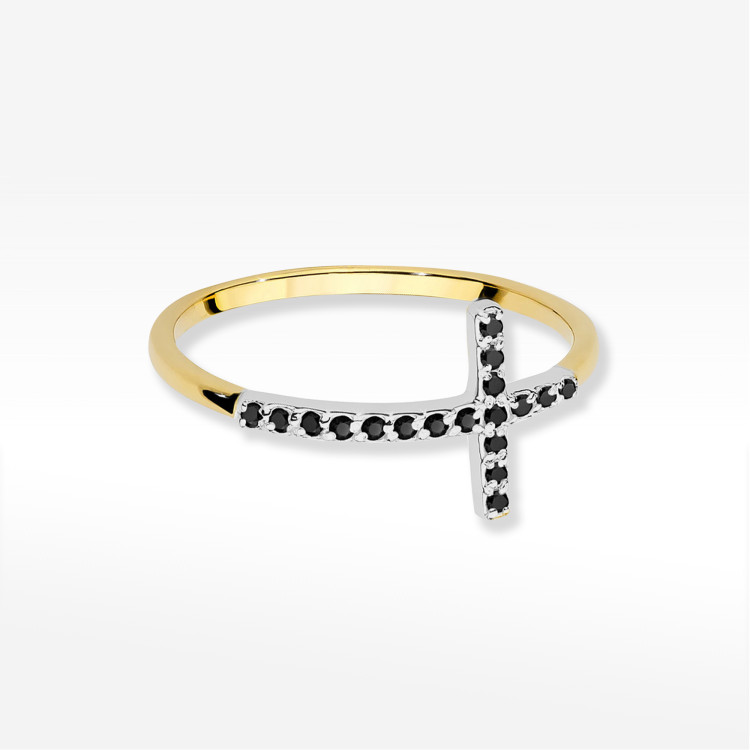 Pierścionek z czarnymi diamentami 0,09ct żółte złoto W0636