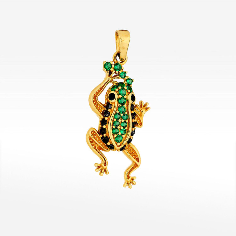 Zawieszka ze złota żaba z zielonymi i czarnymi cyrkoniami