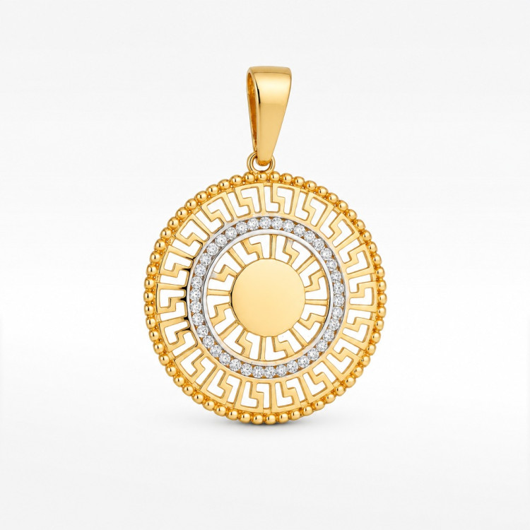 Zawieszka ze złota z białymi cyrkoniami i wzorem greckim