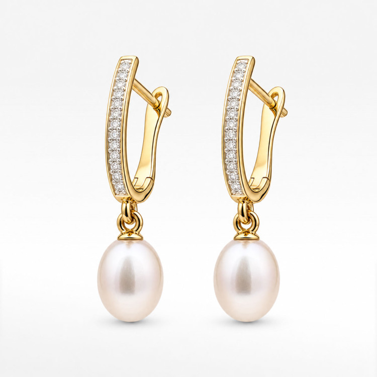 Kolczyki z żółtego złota z  perłą i diamentami - próba 585 0,08CT