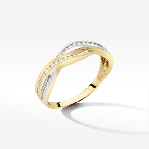 Złoty dwukolorowy pierścionek warkocz z cyrkoniami