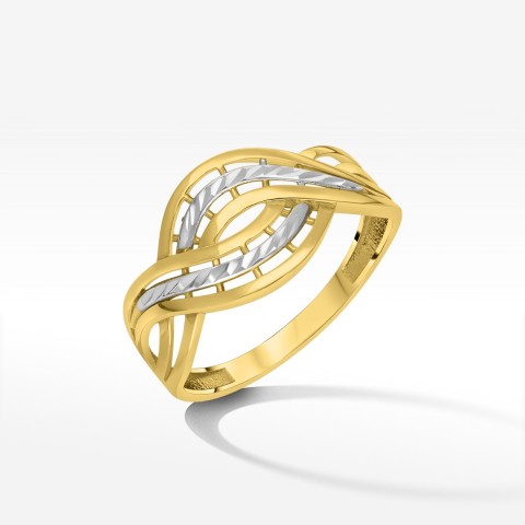 Złoty dwukolorowy pierścionek warkocz z frezami