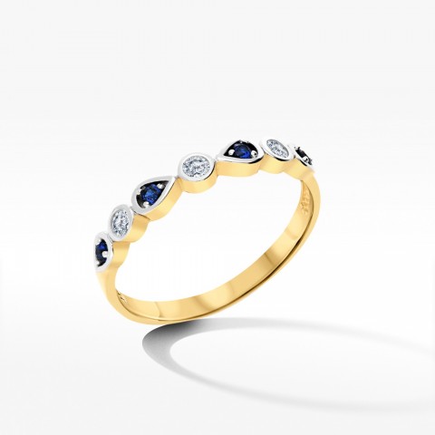 Złoty pierścionek z niebieskimi i białymi cyrkoniami