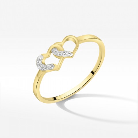 Złoty pierścionek z motywem serc i brylantami