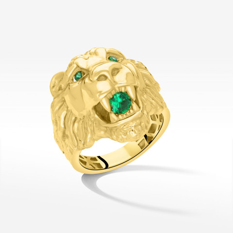 Sygnet ze złota lew z zielonymi cyrkoniami