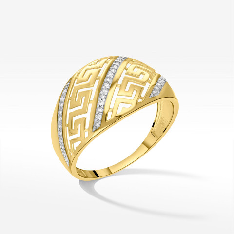 Pierścionek ze złota z wzorem greckim i białymi cyrkoniami